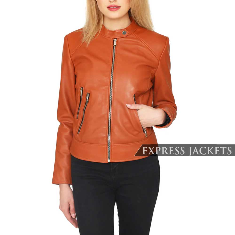 Faux-Leather-Orange-Jacket-Women