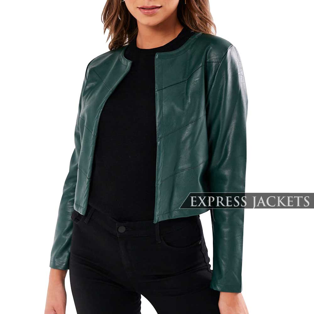Green-Collarless-Leather-Jacket-Women