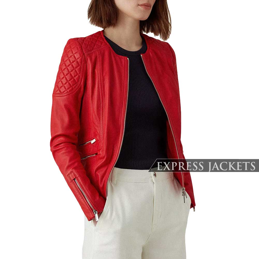 Red-Collarless-Leather-Jacket-Women